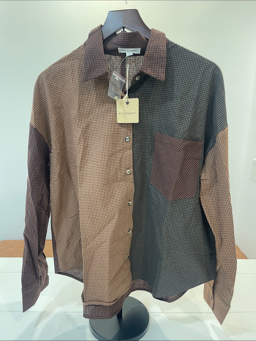 Blu Pepper Brown & Dark Brown Patchwork Checked Button-Down Shirt